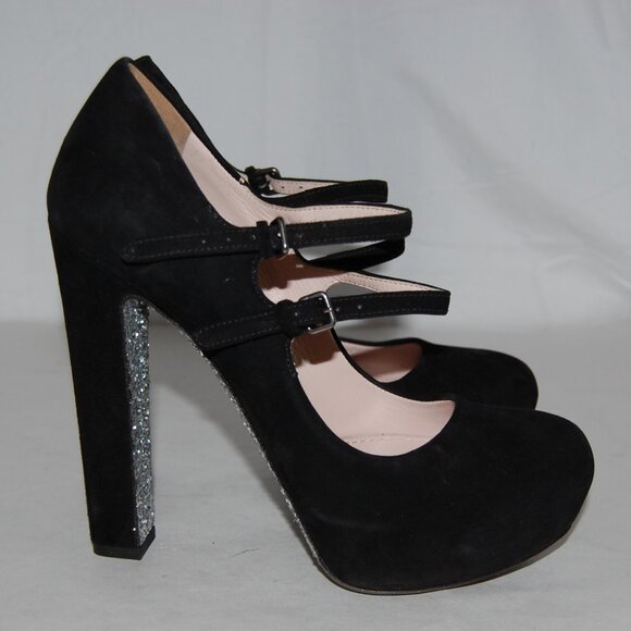 Miu Miu Shoes - 37/7❤️MIU MIU PRADA Black Suede Leather Glitter Heels Mary Jane Platform Pumps